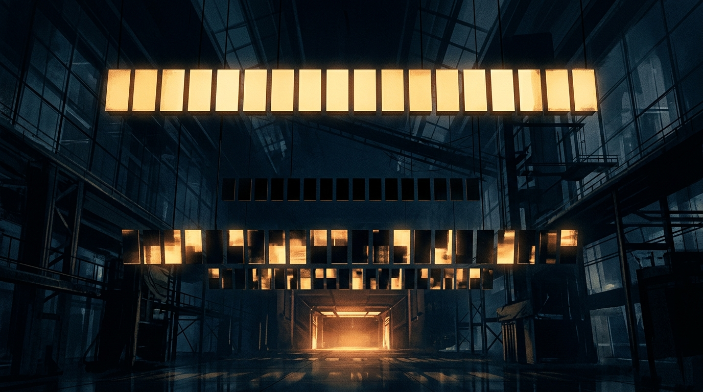 Three tiers of floating luminous plates in a dark hall: a bright solid top row, a small dark row, and a large half-lit flickering row