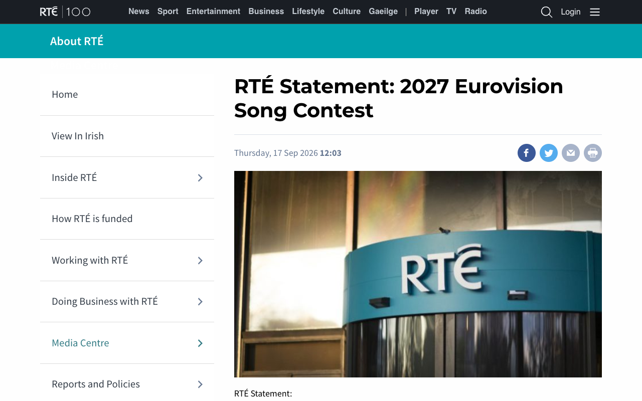 Screenshot of RTÉ’s own statement page, headed RTÉ Statement: 2027 Eurovision Song Contest and dated Thursday 17 September 2026 at 12:03, on the About RTÉ site