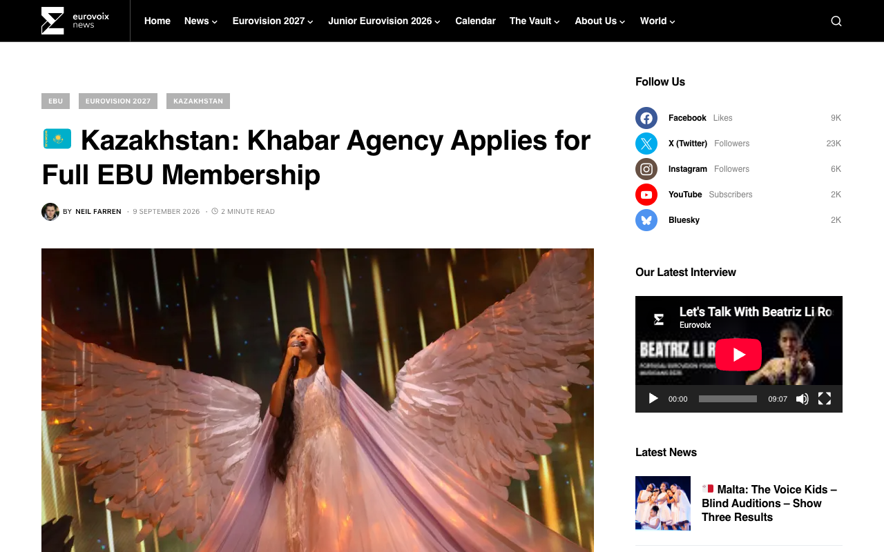 Eurovoix news article dated 9 September 2026 headed Kazakhstan: Khabar Agency Applies for Full EBU Membership, tagged EBU, Eurovision 2027 and Kazakhstan, by Neil Farren