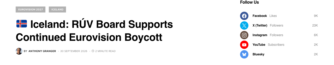 Screenshot of the Eurovoix headline Iceland: RUV Board Supports Continued Eurovision Boycott, tagged Eurovision 2027 and Iceland, bylined Anthony Granger and dated 30 September 2026