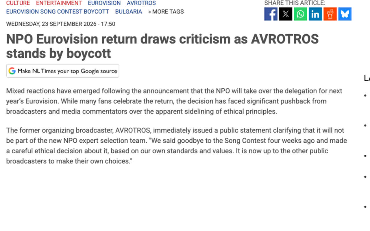 Screenshot of the NL Times article of 23 September 2026 headlined NPO Eurovision return draws criticism as AVROTROS stands by boycott, quoting AVROTROS saying it said goodbye to the Song Contest four weeks ago and made a careful ethical decision about it based on its own standards and values