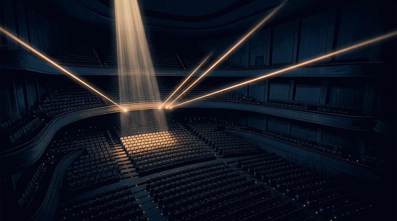 A dark auditorium seen from above where one dense column of light splits into three slender beams fanning across the room