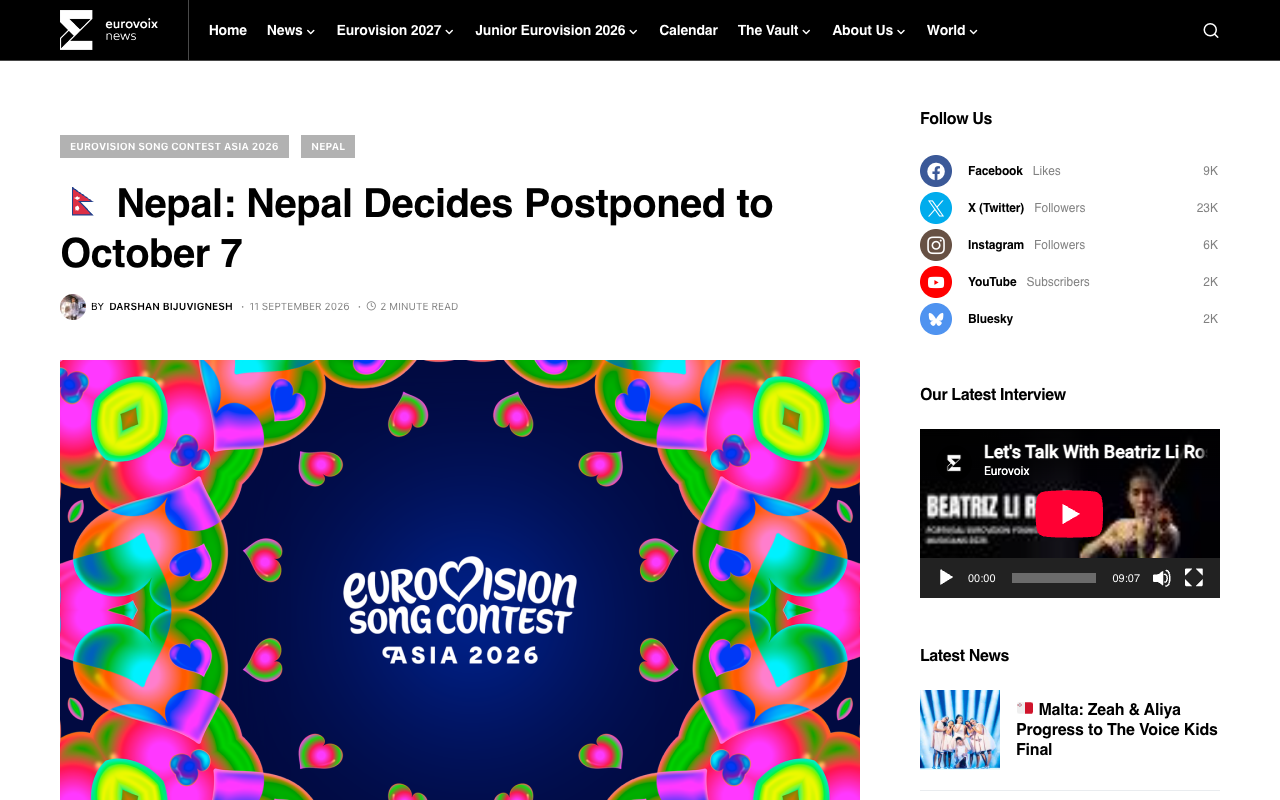 Screenshot of the Eurovoix article dated 11 September 2026 by Darshan Bijuvignesh, headlined Nepal: Nepal Decides Postponed to October 7