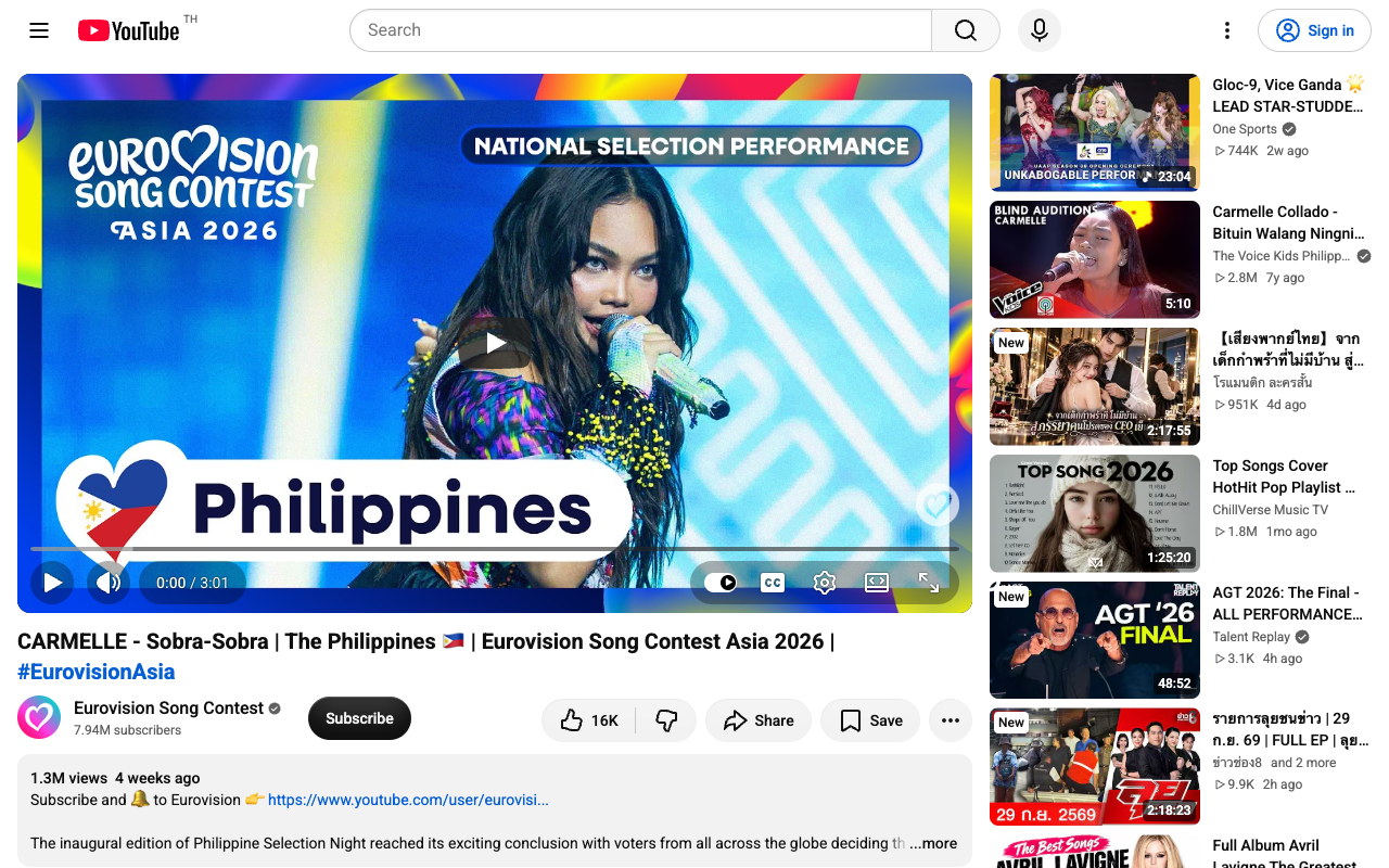 Screenshot of the official Eurovision Song Contest Asia YouTube upload of CARMELLE&rsquo;s &ldquo;Sobra-Sobra&rdquo; for the Philippines, showing 1.3 million views four weeks after posting