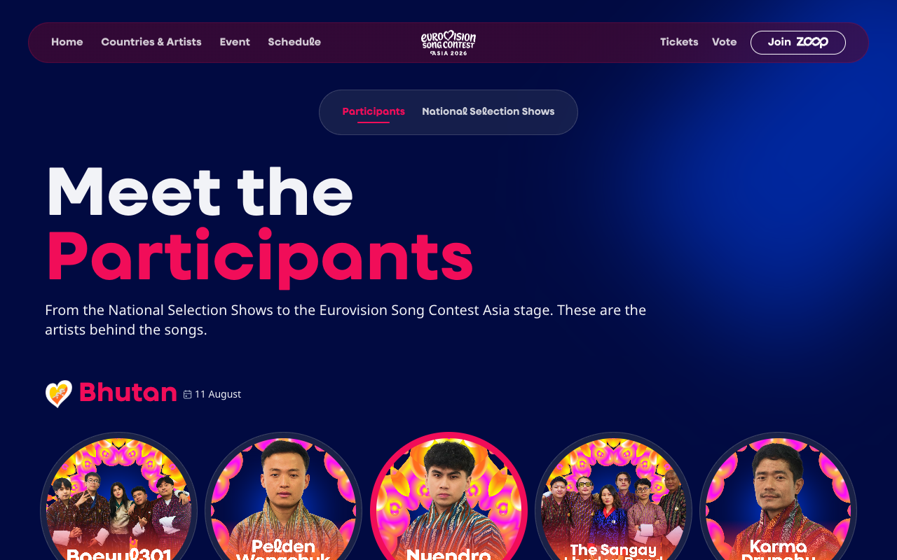 Screenshot of the official Eurovision Song Contest Asia 2026 Meet the Participants page listing the artists behind the songs, with Bhutan dated 11 August at the top of the country list
