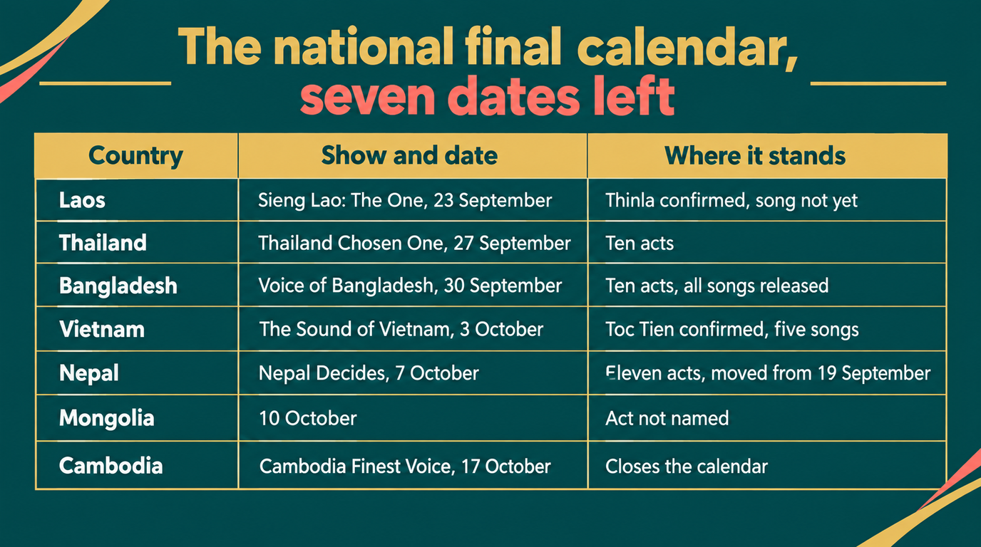 Table of the seven remaining national finals: Laos on 23 September with Thinla confirmed, Thailand on 27 September with ten acts, Bangladesh on 30 September with all songs released, Vietnam on 3 October with Toc Tien confirmed, Nepal on 7 October with eleven acts, Mongolia on 10 October, and Cambodia on 17 October closing the calendar