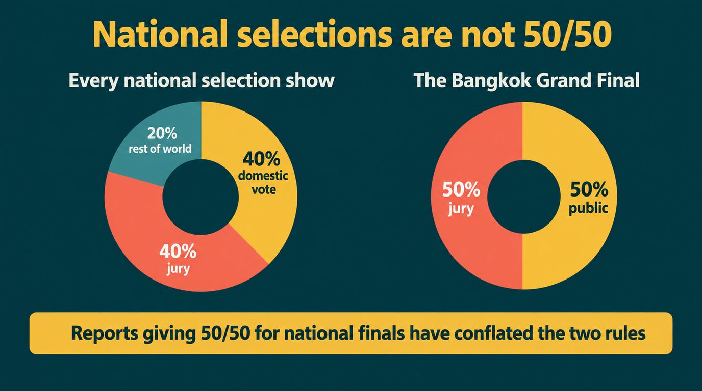 Two donut charts comparing the voting splits: every national selection show is 40 per cent domestic vote, 40 per cent jury and 20 per cent rest of world, while the Bangkok Grand Final is a straight 50 per cent public and 50 per cent jury