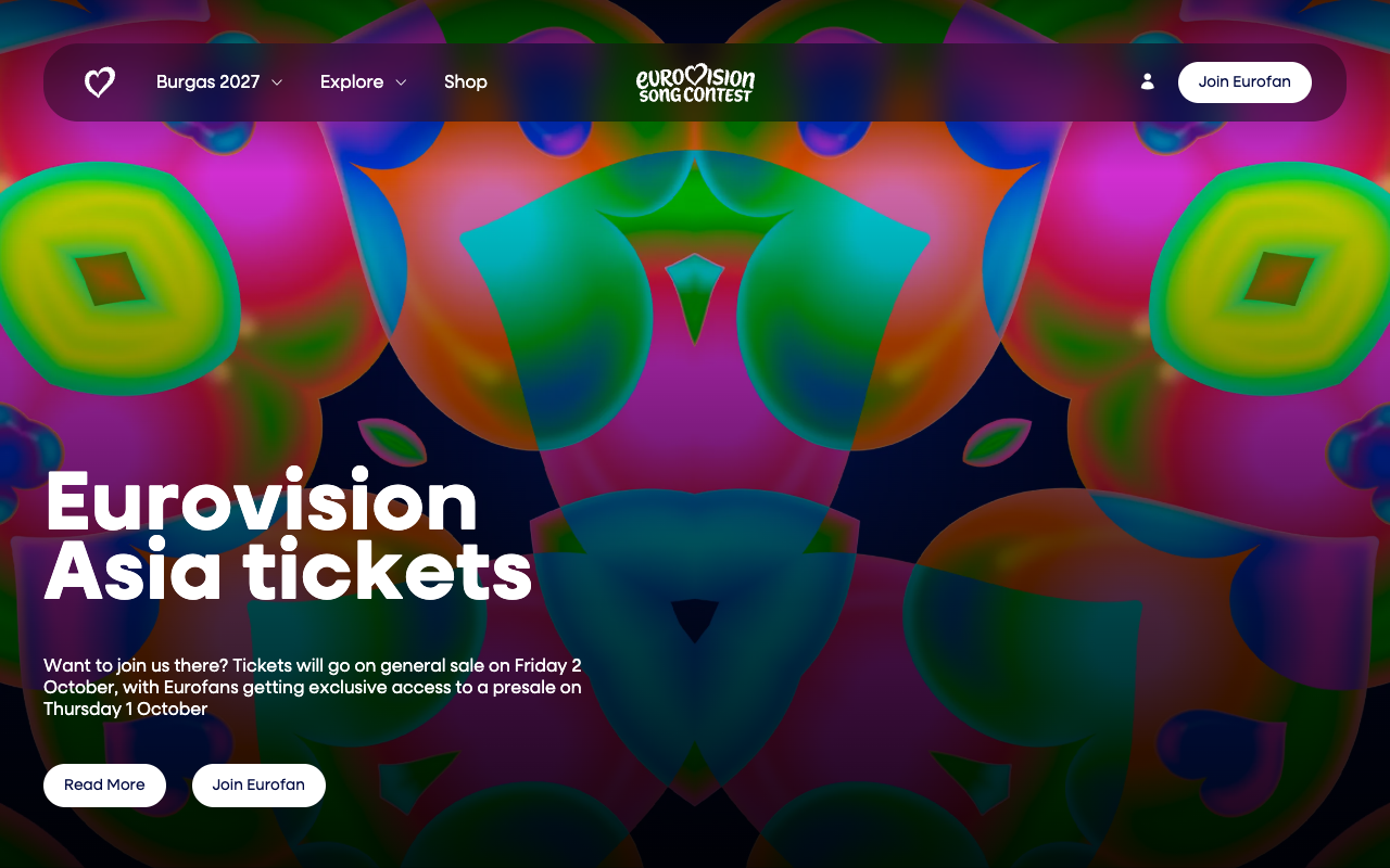 The official Eurovision Song Contest site carrying a Eurovision Asia tickets banner, stating that tickets go on general sale on Friday 2 October with Eurofans getting exclusive access to a presale on Thursday 1 October