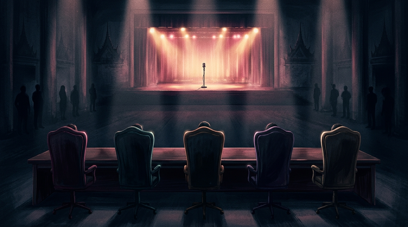 Five spotlit judge chairs facing a distant stage representing the Voice of Bangladesh jury panel