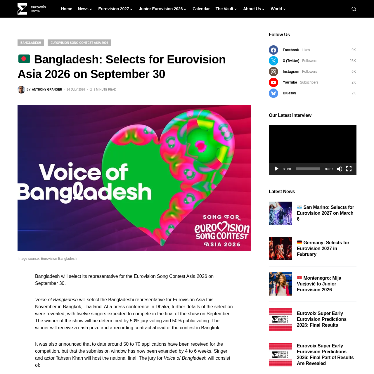 Eurovoix article confirming Bangladesh selects for Eurovision Asia 2026 on September 30 with Voice of Bangladesh branding