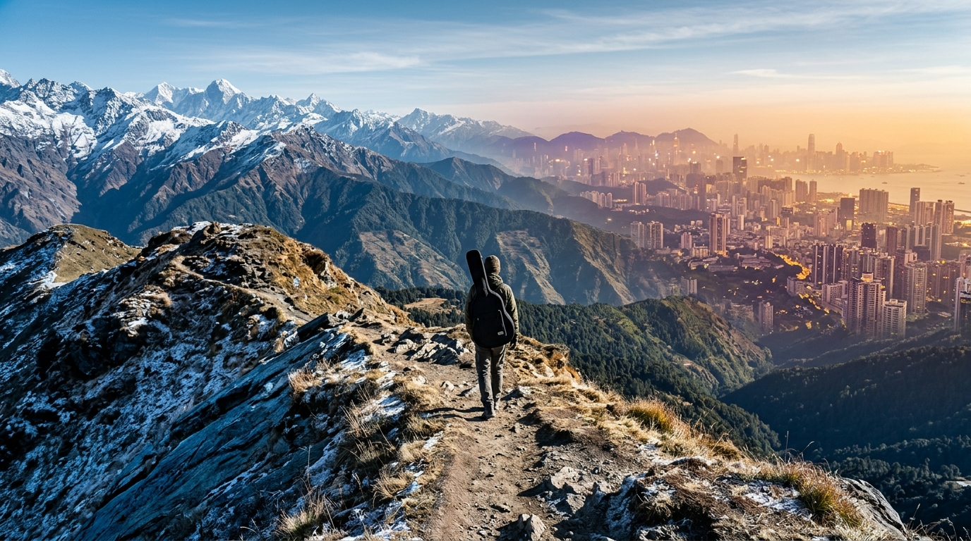 A lone figure carrying a guitar case walks a Himalayan ridge path toward a distant tropical city skyline