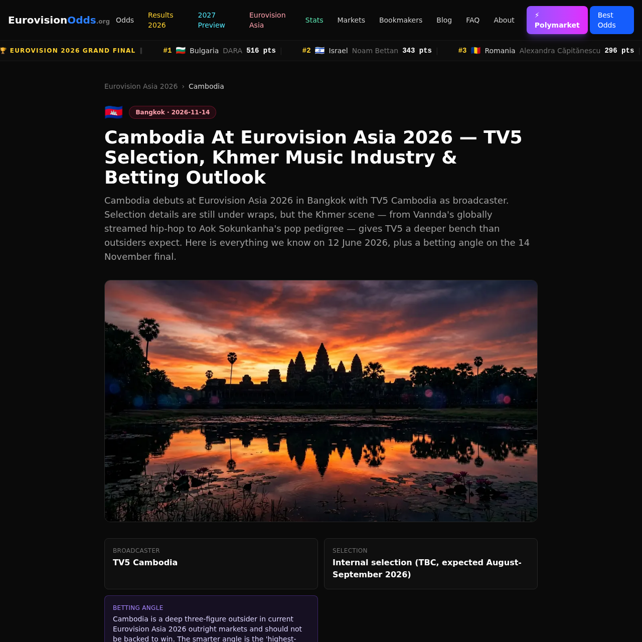 Eurovisionodds.org Cambodia page inside the Eurovision Asia 2026 hub