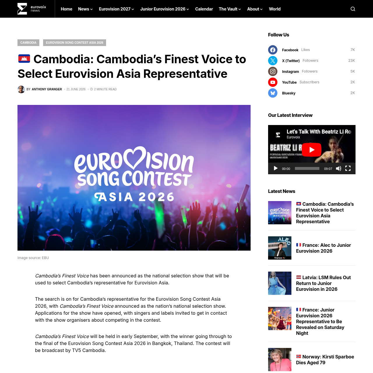 Eurovoix article by Anthony Granger announcing Cambodia's Finest Voice as Cambodia's Eurovision Asia 2026 national selection