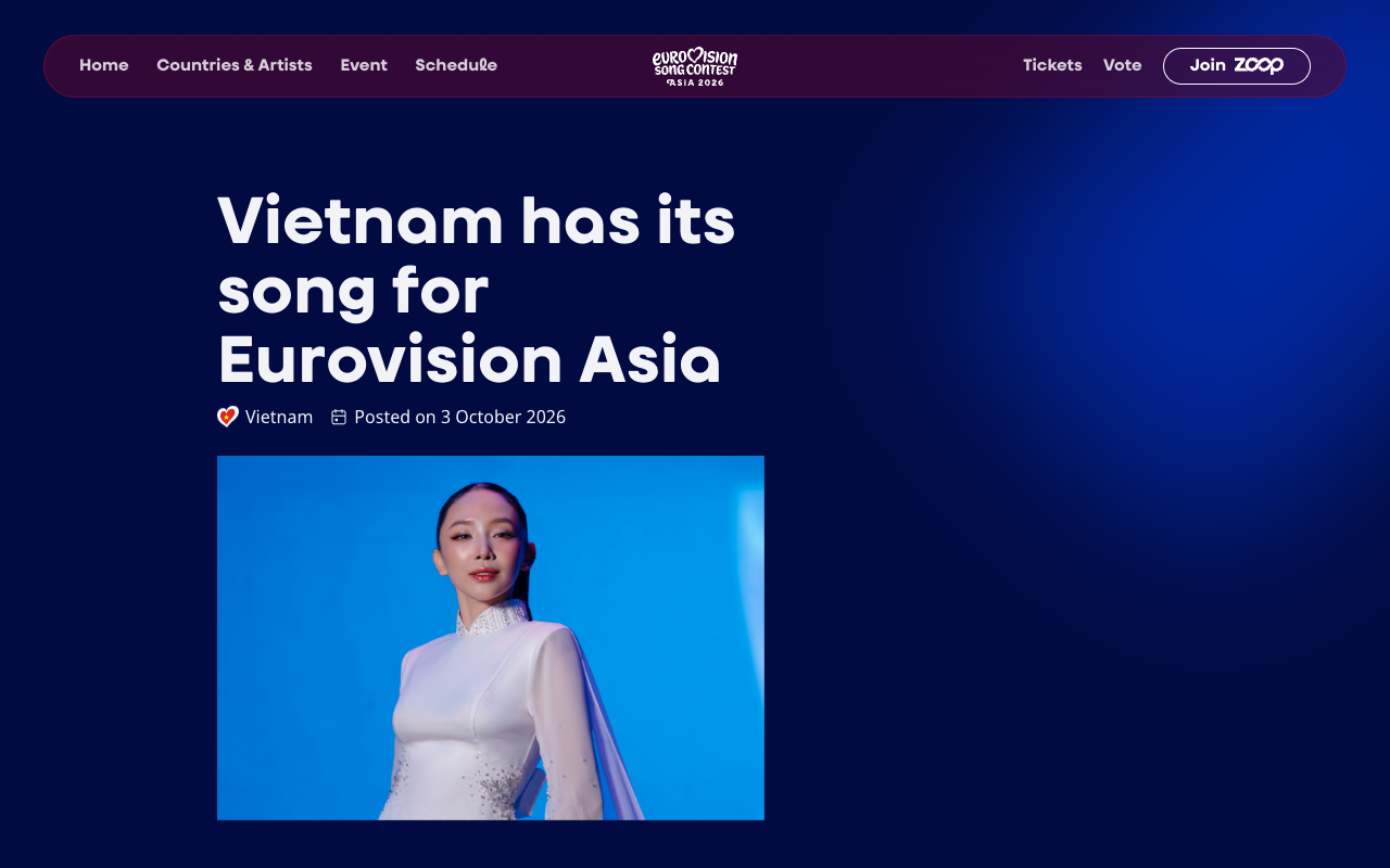 Screenshot of the official Eurovision Song Contest Asia site with the headline Vietnam has its song for Eurovision Asia, tagged Vietnam and posted on 3 October 2026, above a photograph of Tóc Tiên in a white gown against a blue background