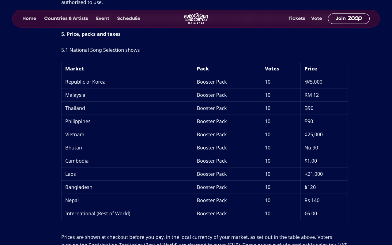 Screenshot of section 5.1 of the official Eurovision Asia Booster Pack Terms listing 10-vote booster packs at 5,000 won in Korea, RM 12 in Malaysia, 90 baht in Thailand, 90 pesos in the Philippines, 25,000 dong in Vietnam, Nu 90 in Bhutan, 1 dollar in Cambodia, 21,000 kip in Laos, 120 taka in Bangladesh, Rs 140 in Nepal and 6 euros for Rest of World