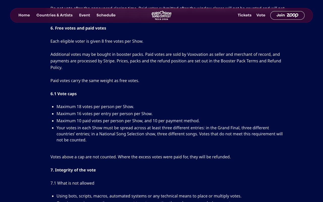 Screenshot of sections 6 and 6.1 of the official Eurovision Asia Voting Terms: 8 free votes per show, a maximum of 18 votes per person, 16 per entry and 10 paid votes per show, and the requirement to spread votes across at least three different entries or they are not counted
