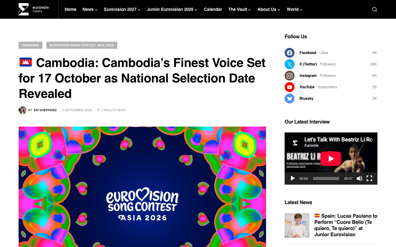 Eurovoix article dated 3 September 2026 headlined Cambodia: Cambodia’s Finest Voice Set for 17 October as National Selection Date Revealed