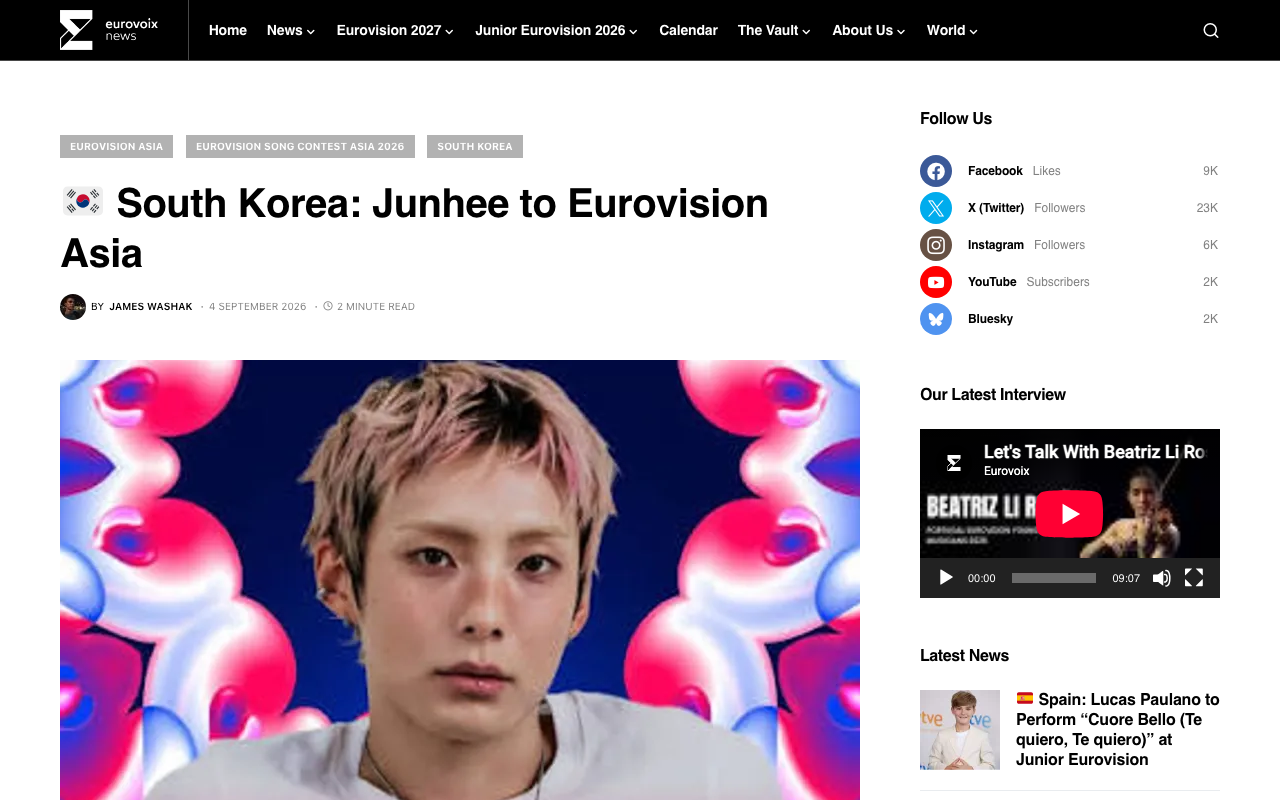 Eurovoix article dated 4 September 2026 headlined South Korea: Junhee to Eurovision Asia