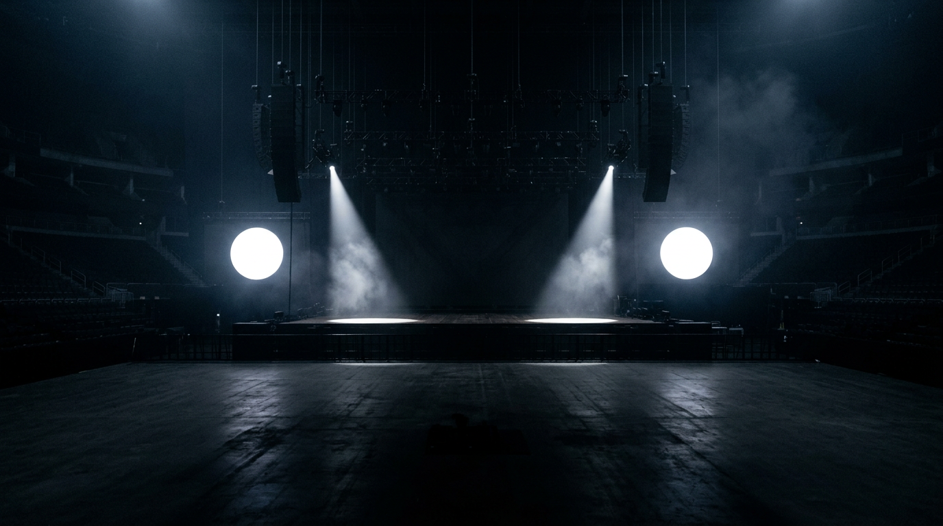 Illustration: an empty arena stage lit by two equal spotlights falling on two bare marks, with no performers.