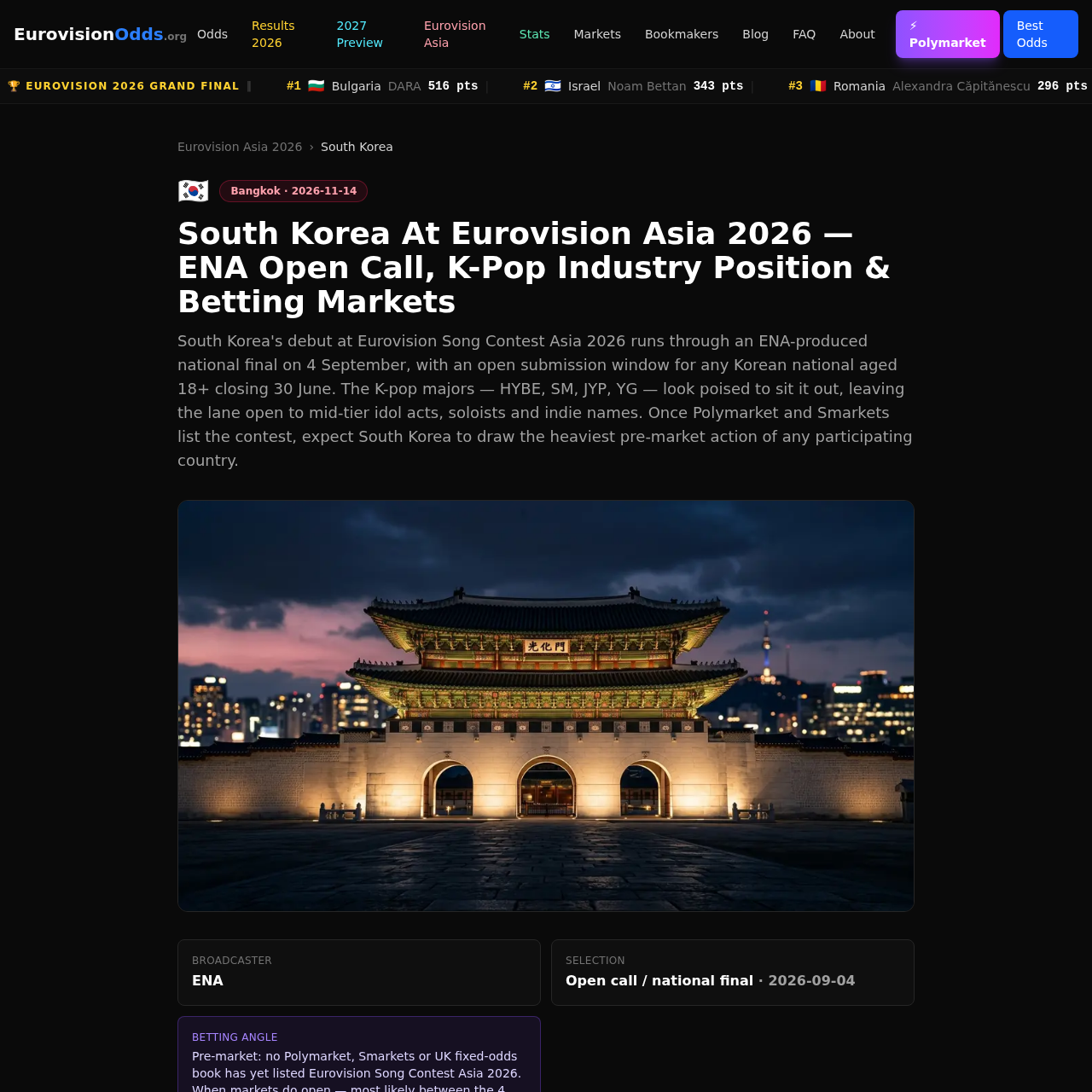 EurovisionOdds.org Eurovision Asia 2026 South Korea country page