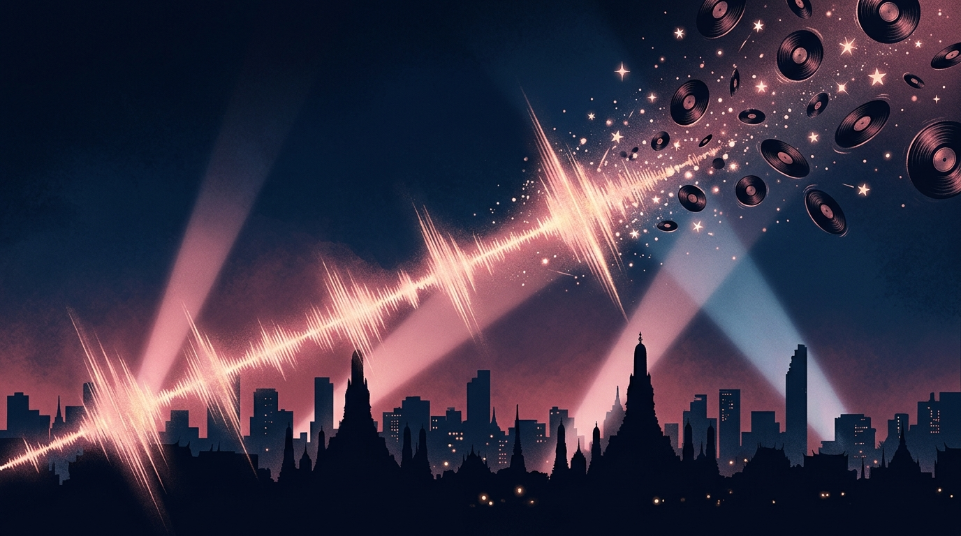 Luminous sound wave rising over a Manila skyline representing P-Pop momentum heading into Eurovision Asia