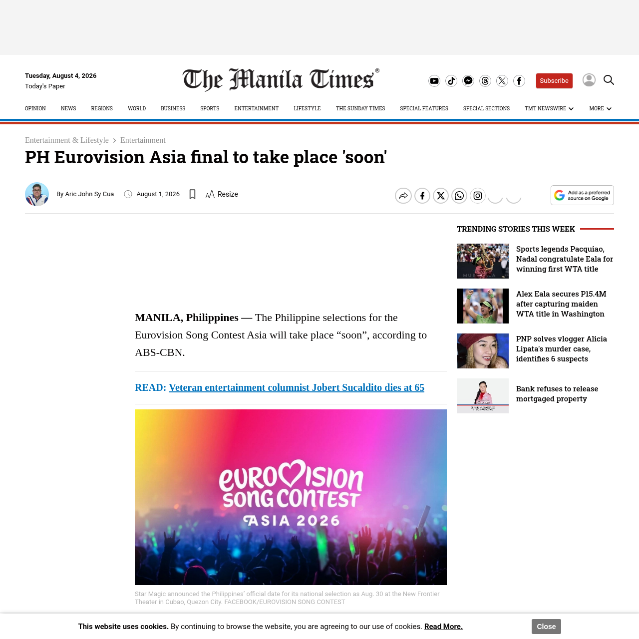 Manila Times article confirming the Philippine Eurovision Asia selection on August 30 at the New Frontier Theater