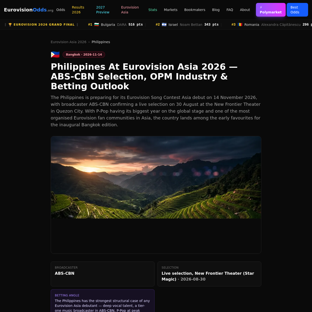 EurovisionOdds Philippines country page showing the ABS-CBN selection details for Eurovision Asia 2026