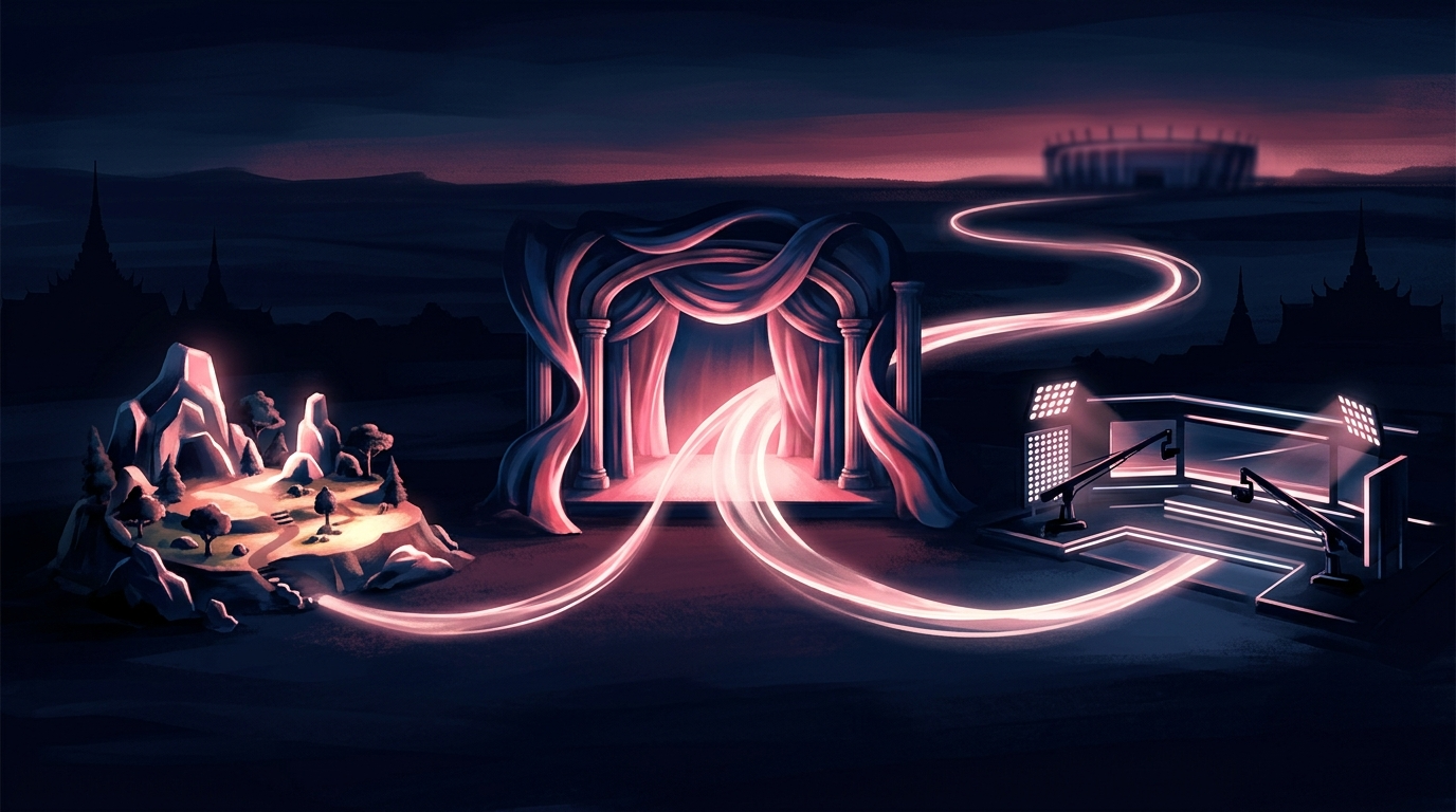 Three glowing stages representing intimate, theater and TV-studio selection formats across Eurovision Asia countries