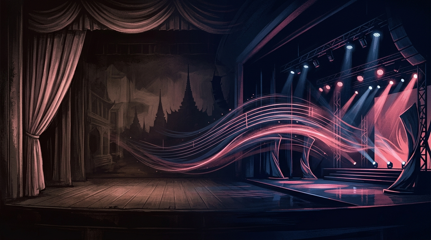 A dimmed stage transforming into a fully lit new stage, symbolising Druk Dra reborn as Rhythm of Bhutan