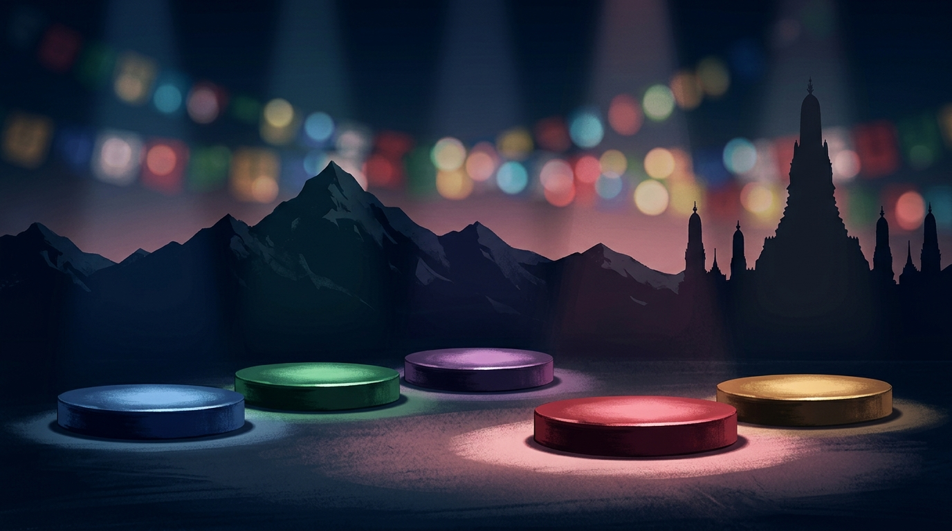 Five spotlit podiums representing the five Rhythm of Bhutan finalists competing on August 11
