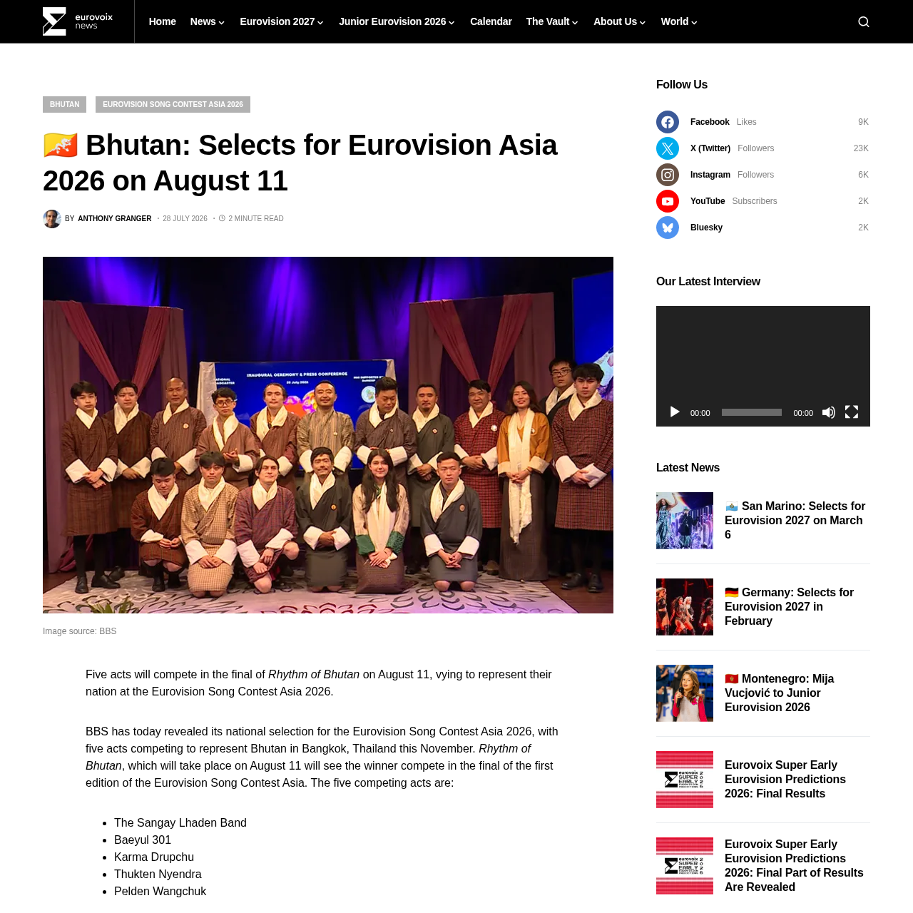 Eurovoix article confirming Bhutan selects for Eurovision Asia 2026 on August 11 with all five acts pictured
