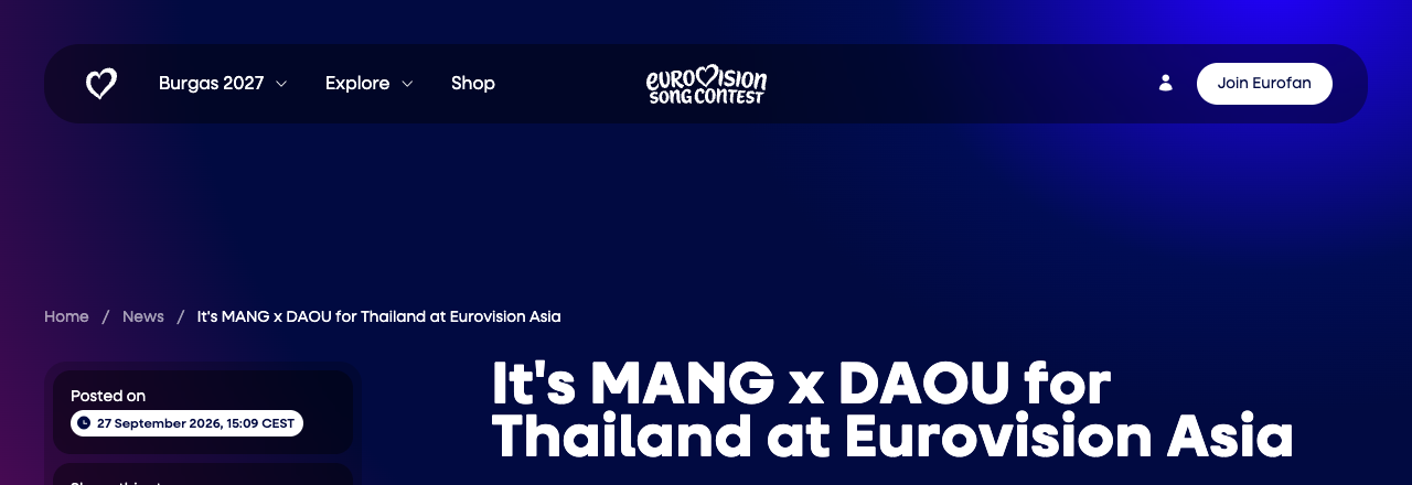 Screenshot of the official Eurovision Song Contest Asia announcement page headed “It’s MANG x DAOU for Thailand at Eurovision Asia”, posted 27 September 2026 at 15:09 CEST, on eurovision.com