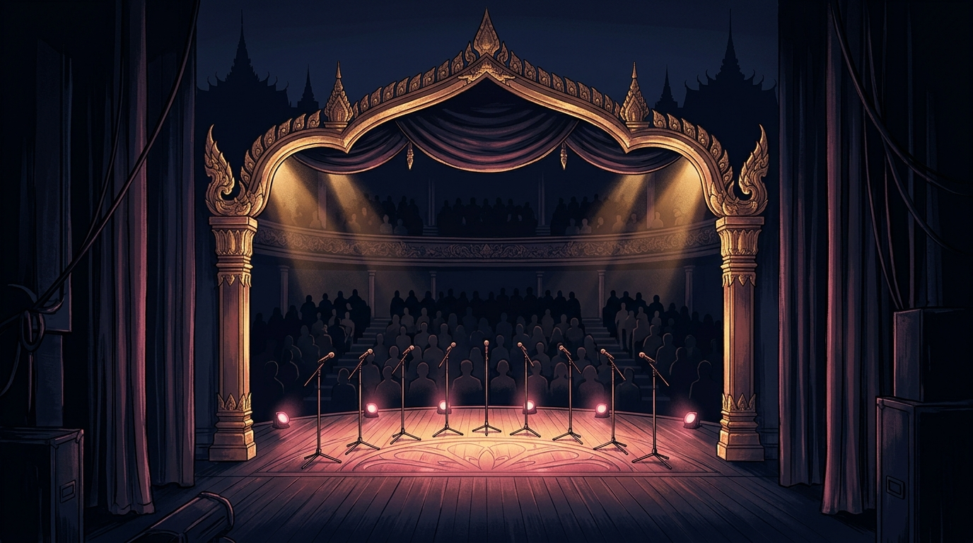 An ornate Thai-influenced theatre stage with ten empty microphone stands arranged in an arc under golden spotlights