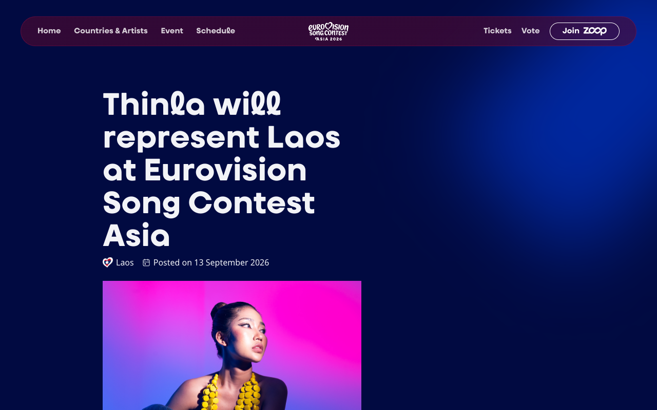 Screenshot of the official Eurovision Song Contest Asia website headline Thinla will represent Laos at Eurovision Song Contest Asia, tagged Laos and posted on 13 September 2026, above a press photo of the singer