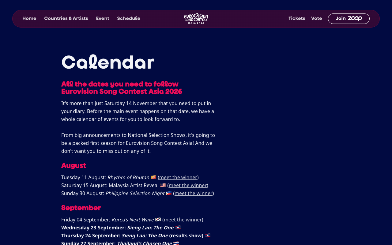 Screenshot of the official Eurovision Song Contest Asia calendar page listing Wednesday 23 September Sieng Lao: The One and Thursday 24 September Sieng Lao: The One results show, after the August shows and Korea&rsquo;s Next Wave on 4 September