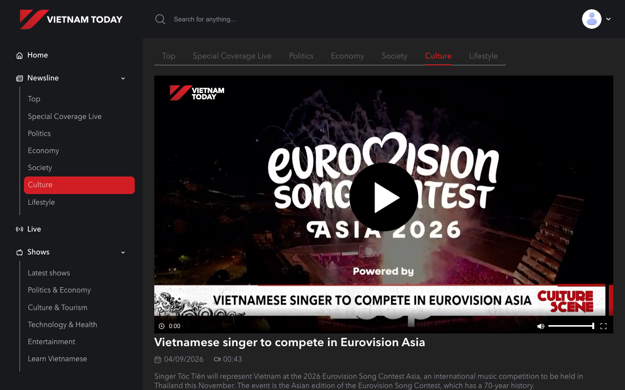 Screenshot of VTV's English service Vietnam Today, dated 04/09/2026, headlined Vietnamese singer to compete in Eurovision Asia, whose opening line reads that singer Toc Tien will represent Vietnam at the 2026 Eurovision Song Contest Asia