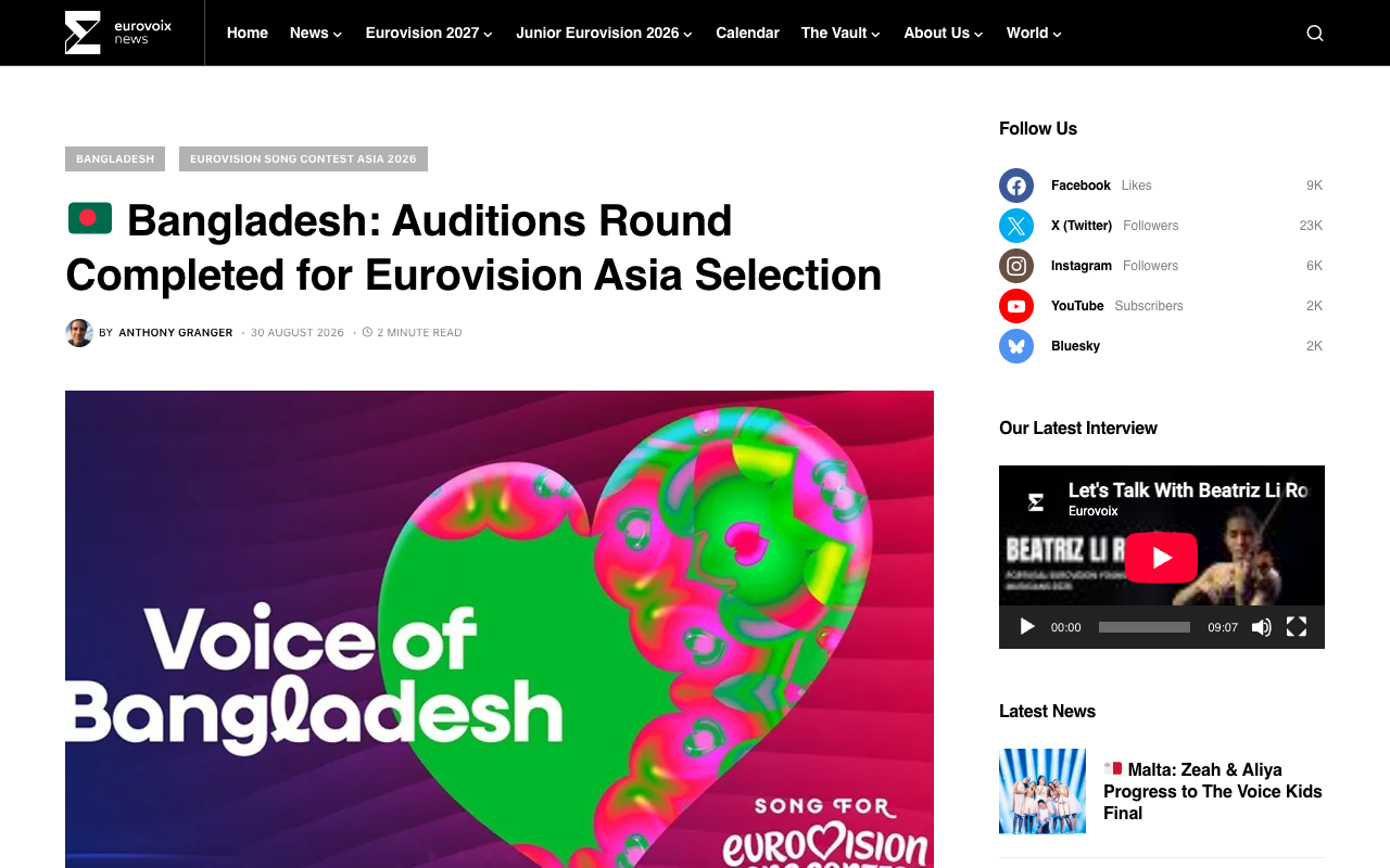 Screenshot of the Eurovoix article dated 30 August 2026 by Anthony Granger, headlined Bangladesh: Auditions Round Completed for Eurovision Asia Selection, above the Voice of Bangladesh logo