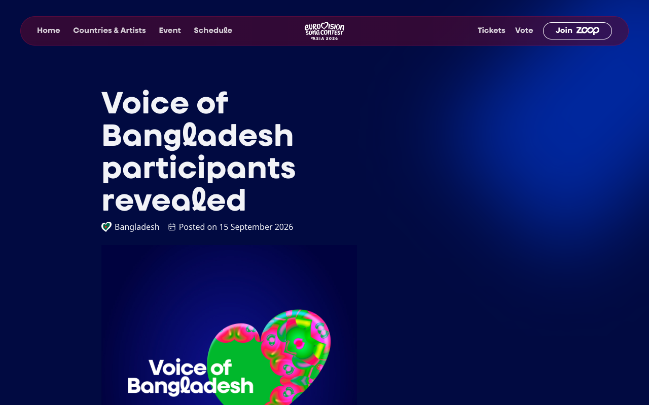 Screenshot of the official Eurovision Song Contest Asia website article headlined Voice of Bangladesh participants revealed, posted on 15 September 2026, with the Voice of Bangladesh heart logo