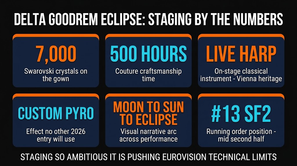 Eurovision 2026 Delta Goodrem Eclipse Staging Elements — Crystals, Harp, Pyro, Eclipse Concept