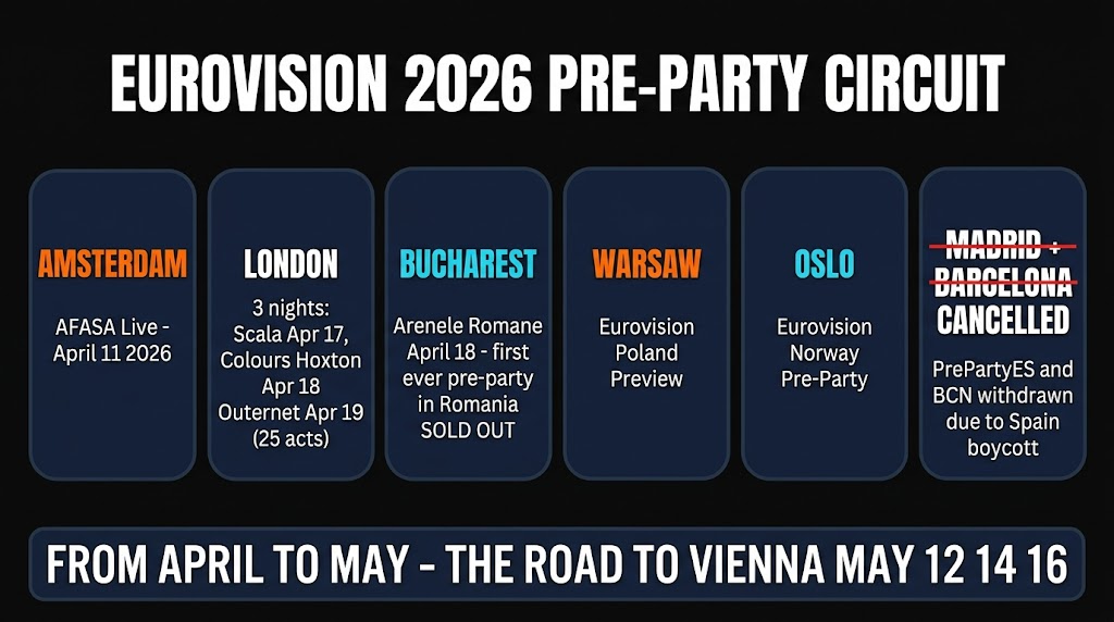 Eurovision 2026 Pre-Parties Recap: London's 3-Night Takeover, Bucharest's First Ever, Amsterdam — And Why Madrid Got Cancelled