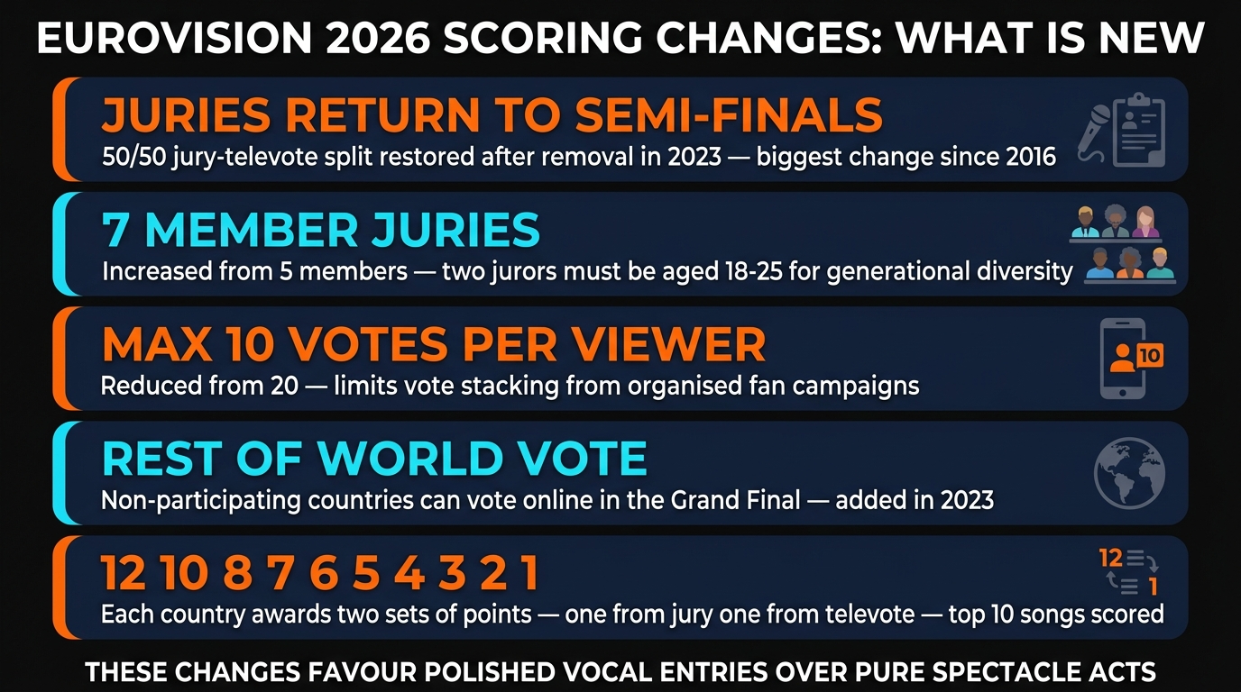 Eurovision 2026 scoring changes — juries return, 7-member panels, max 10 viewer votes