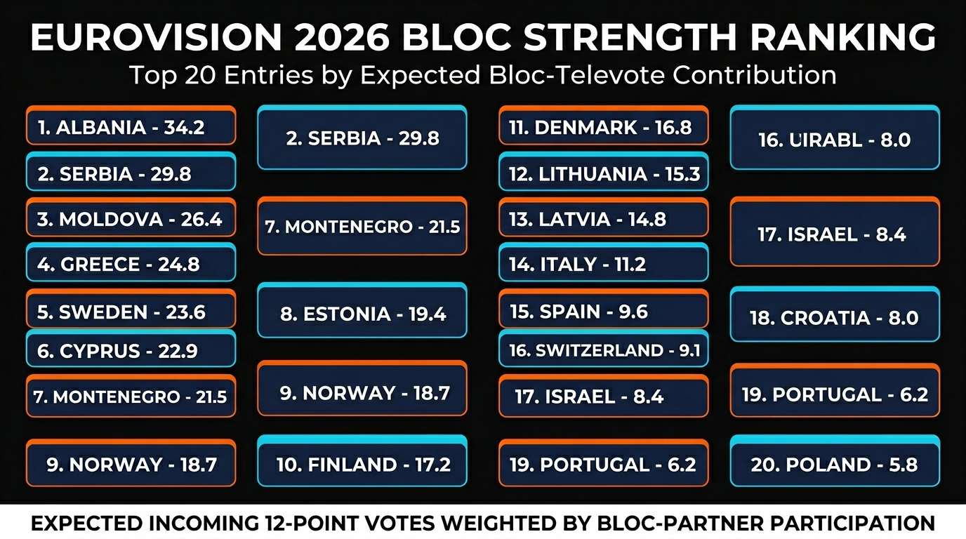 Eurovision 2026 Bloc Strength Ranking — top 20 entries by expected bloc-televote contribution