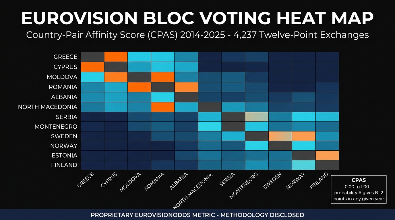 EurovisionOdds Bloc Voting Heat Map — country-pair affinity matrix across 12 years of Eurovision voting