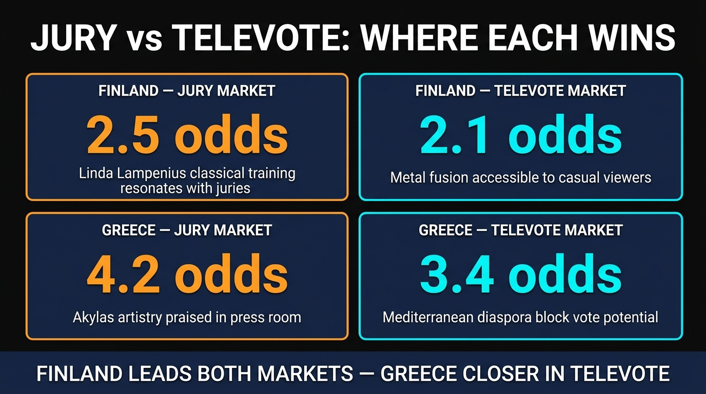 Finland vs Greece jury winner vs televote winner market comparison Eurovision 2026