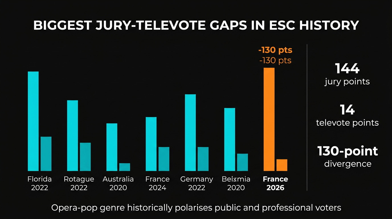 France Eurovision 2026 jury-televote gap — 130 points, largest of the final