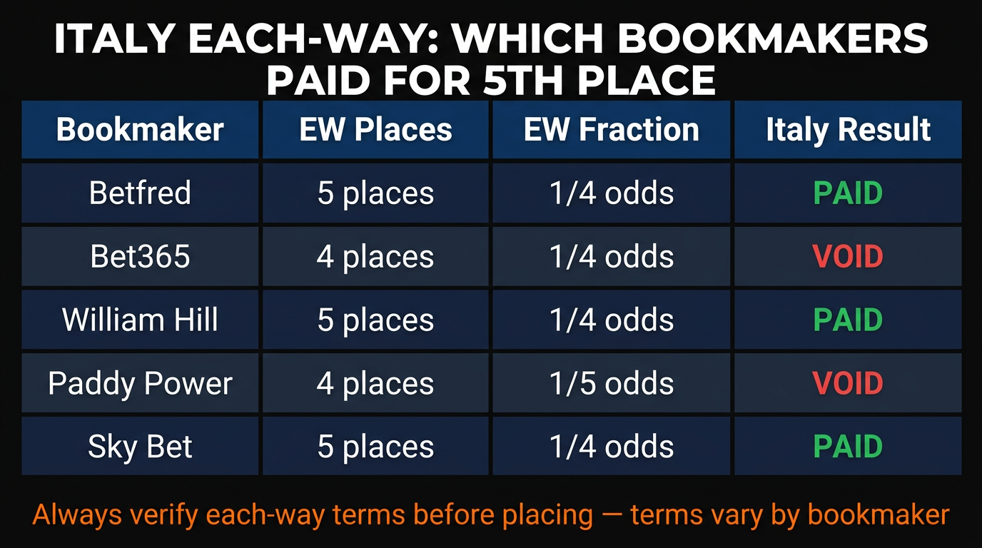 Italy each-way settlement by bookmaker — Eurovision 2026 — which operators paid for 5th place