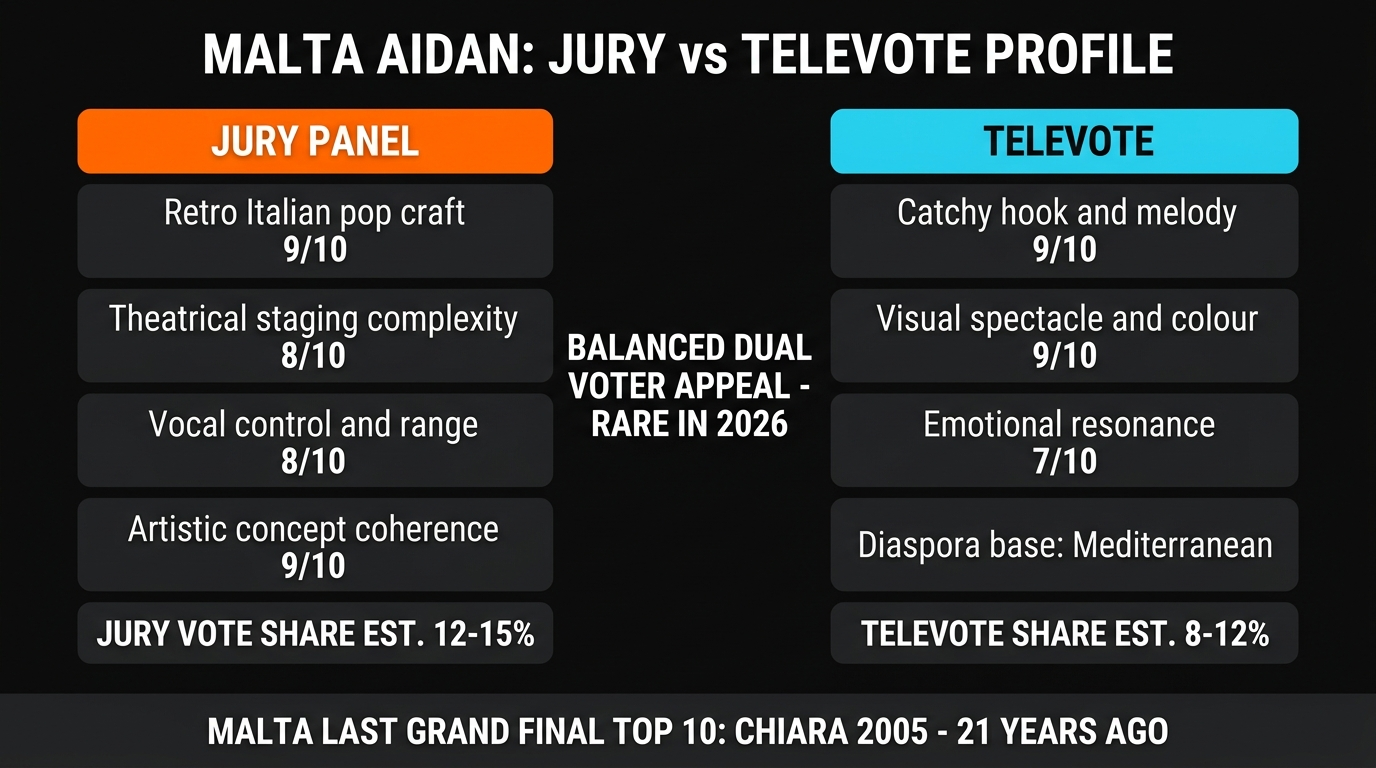Malta Aidan Bella jury televote betting profile Eurovision 2026