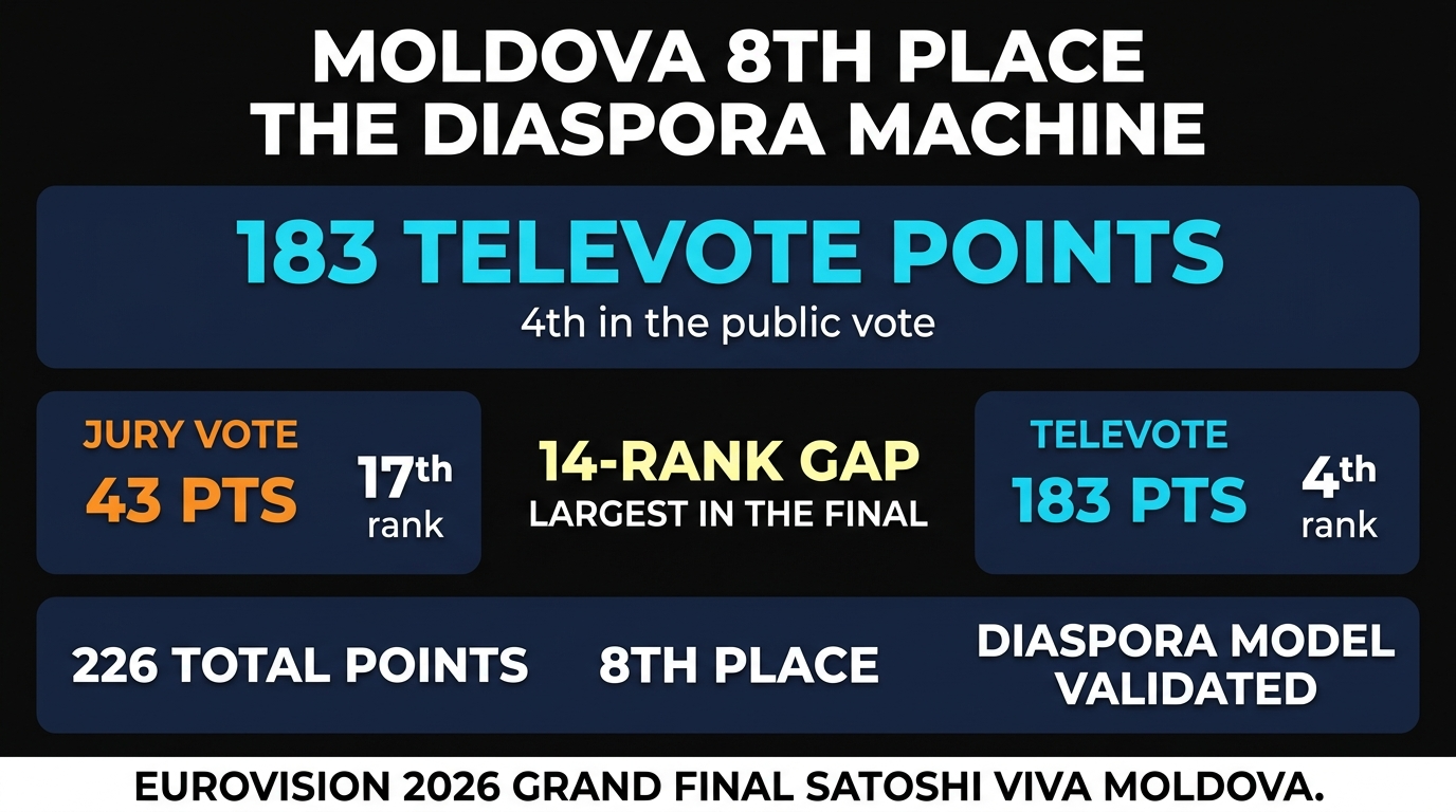 Moldova's Satoshi Finishes 8th at Eurovision 2026: 183 Televote Points But Only 43 From Juries — The Diaspora Machine Delivers