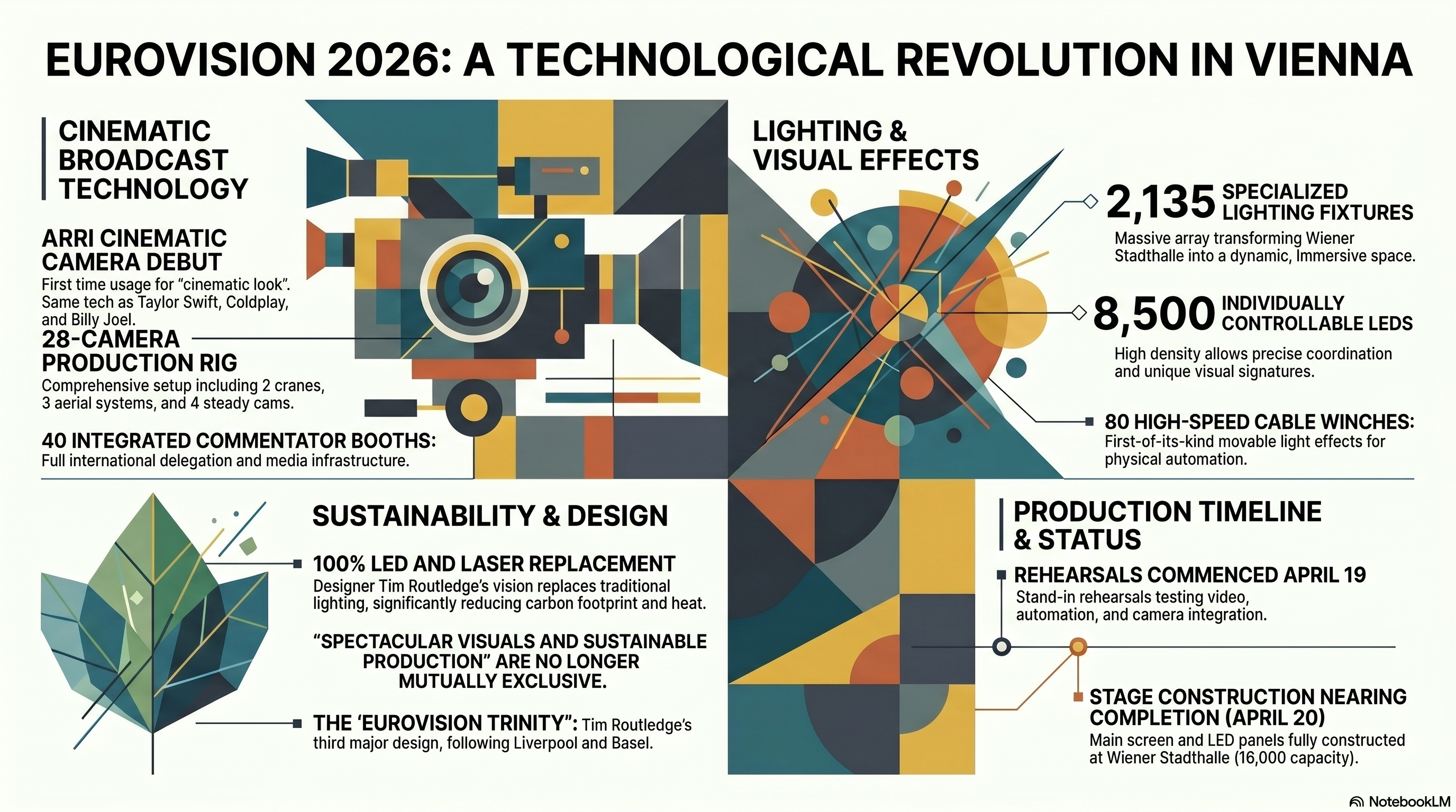 NotebookLM professional infographic detailing Eurovision 2026 production technology — cinematic Arri cameras, 8500 LEDs, 80 motorised winches
