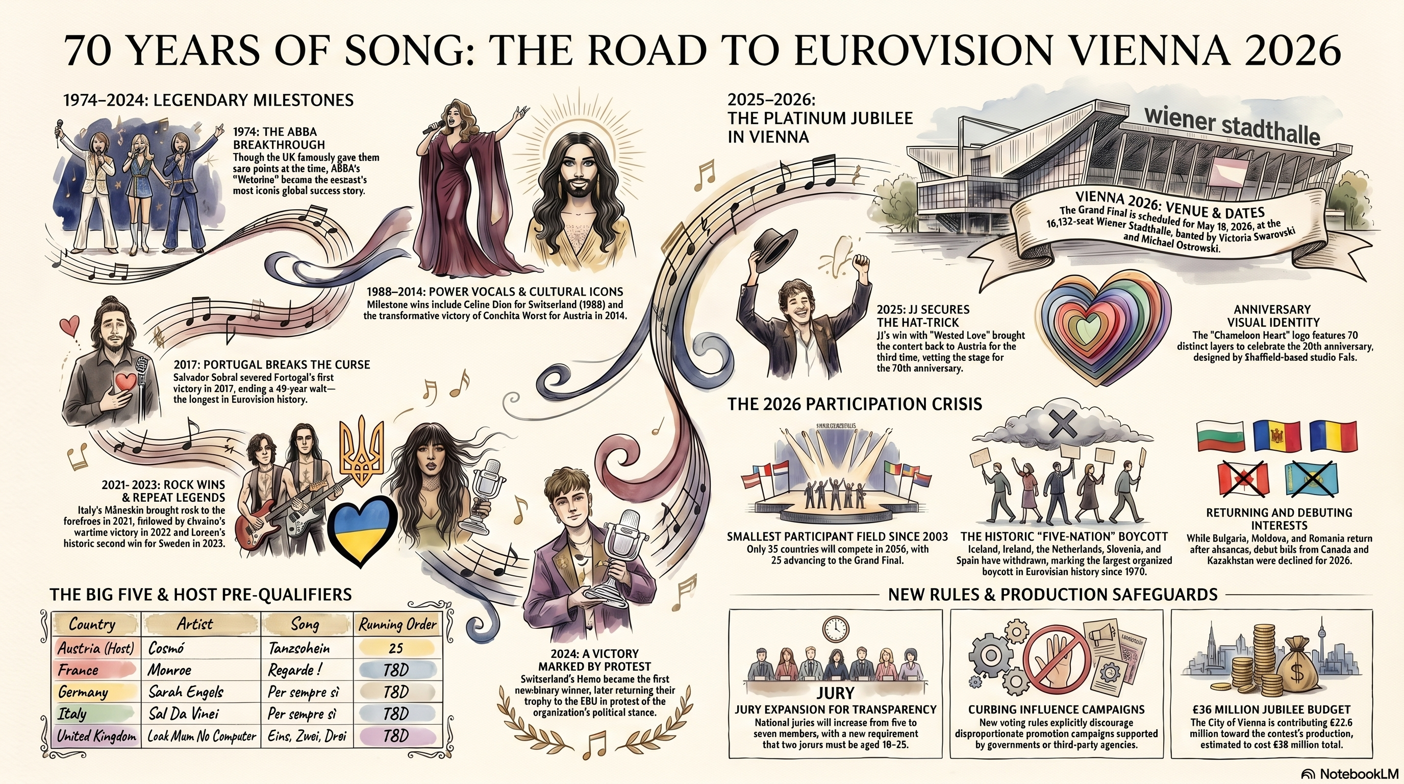Eurovision history milestones including Nemo's 2024 victory for Switzerland